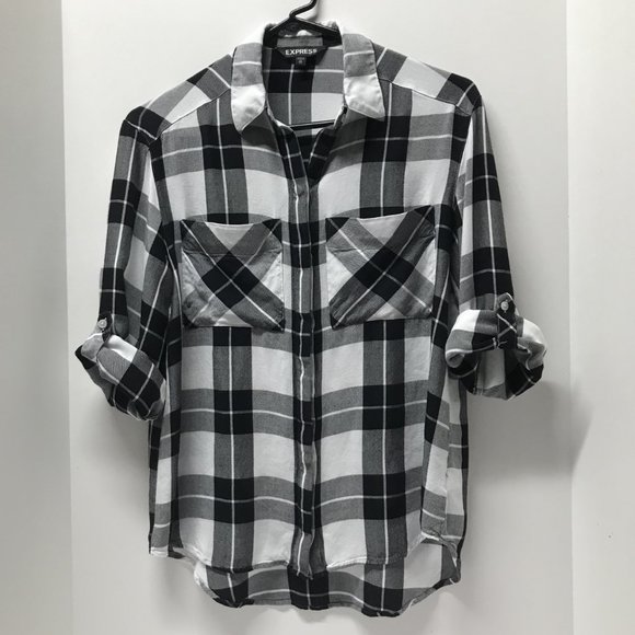 Express Black/White/Gray Plaid Button-Down Shirt - Picture 6 of 13